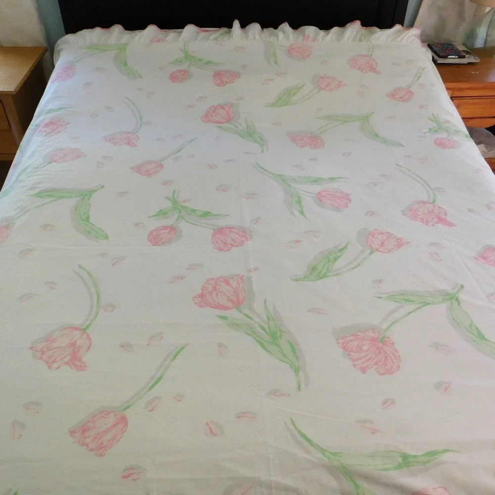 Vintage Full Flat Sheet Ruffle Hem Vintage Floral Cottage Shabby Chic‎